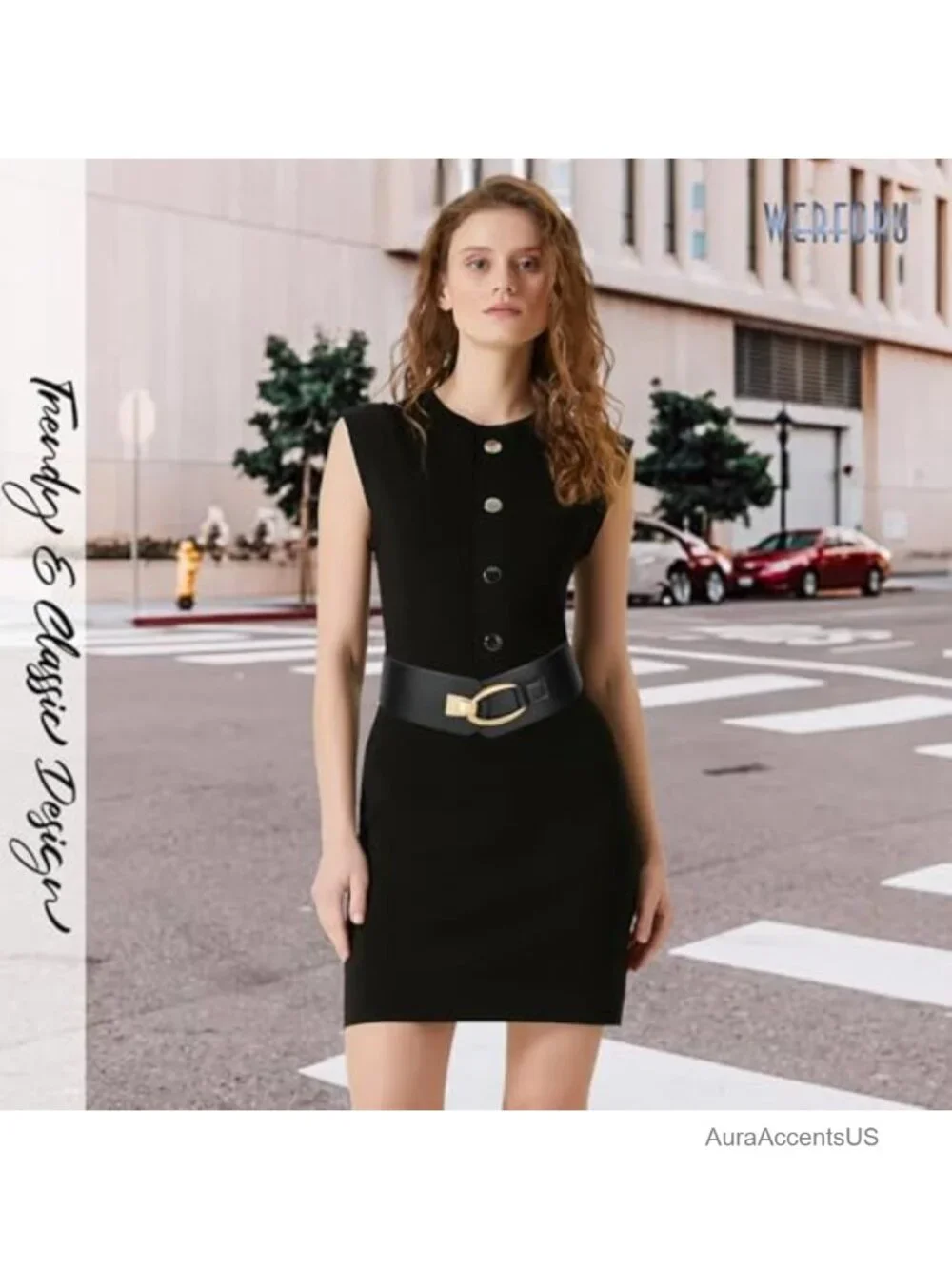 Women Wide Faux Leather Elastic Belt with Gold Buckle for Dresses